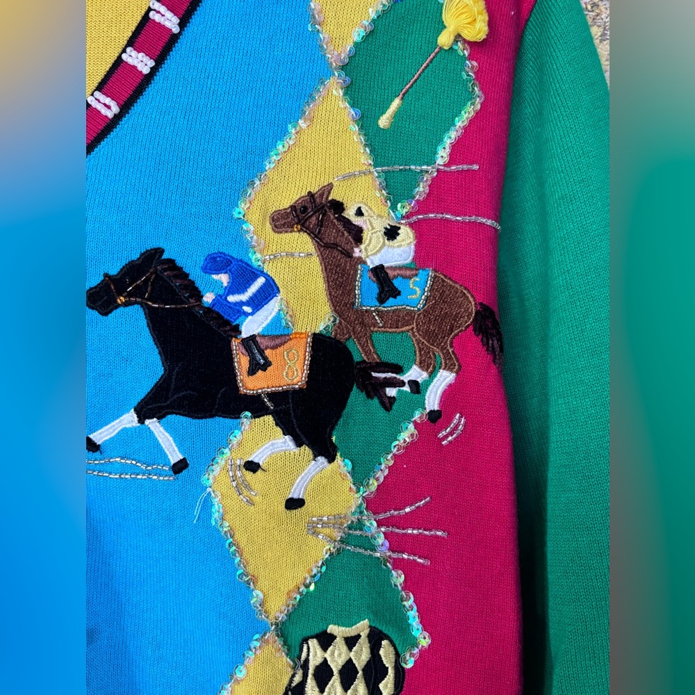 Cool Vintage Berek Horse Racing Equestrian Cardigan Sweater M Jockey Novelty - Picture 3 of 9